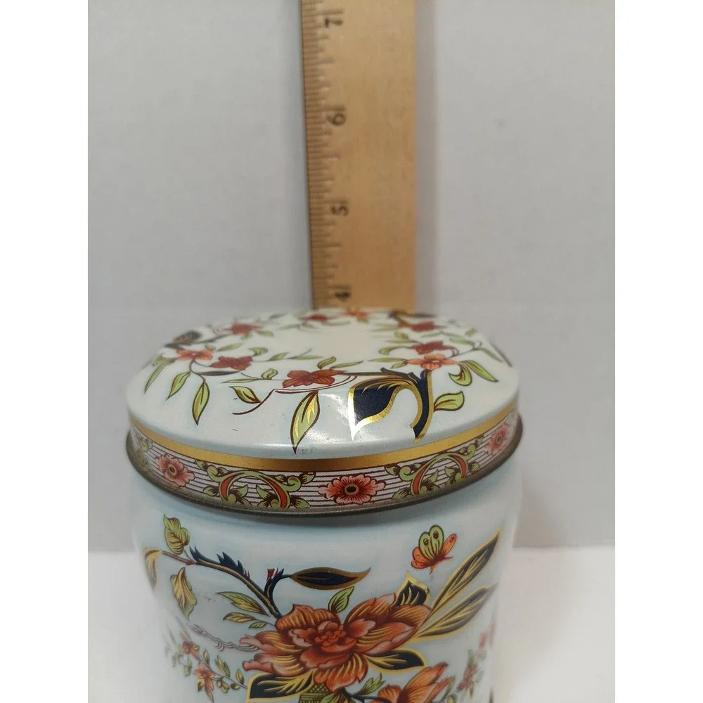 Vintage Daher Floral Tin Canister Made in England Blue Orange Gold Chinoiserie
